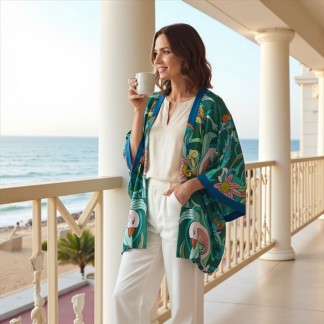 Áo kimono lụa xanh họa tiết Phượng điểu